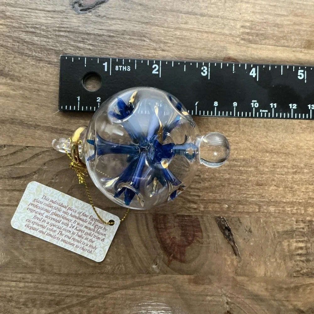 Egyptian Museum Hand Blown Glass Ornament Blue Flower 24K Gold Trim NWT